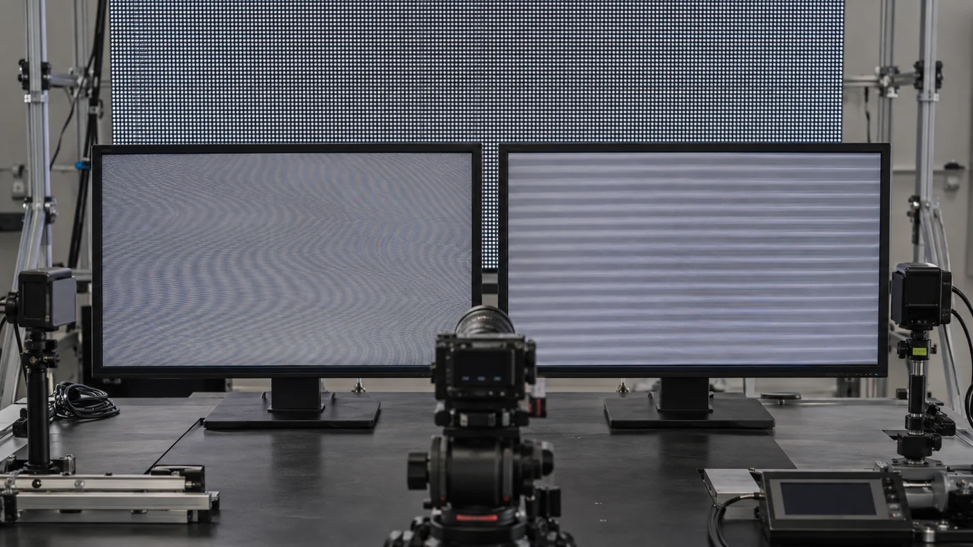 Camera test monitors comparing moiré patterns with horizontal scan lines from an LED display