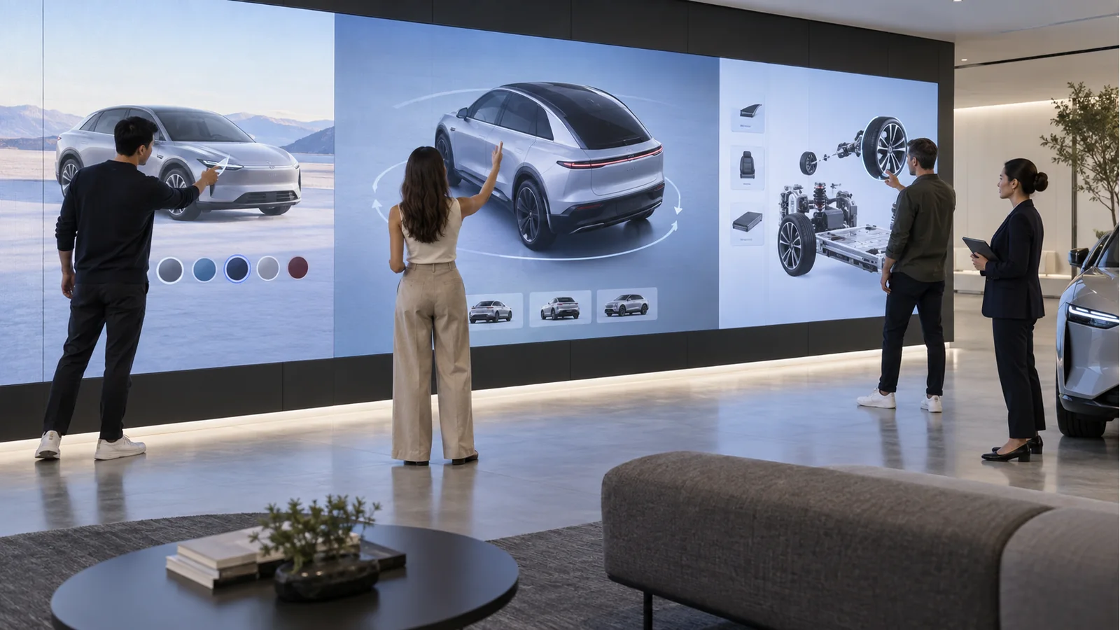 Multiple visitors exploring vehicle options through touch and gestures on an interactive LED showroom wall