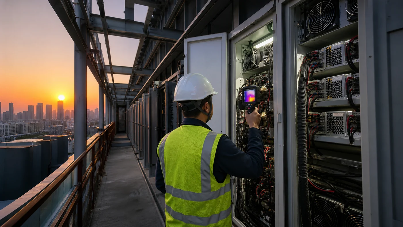 Engineer inspecting power and cooling systems behind an outdoor LED billboard