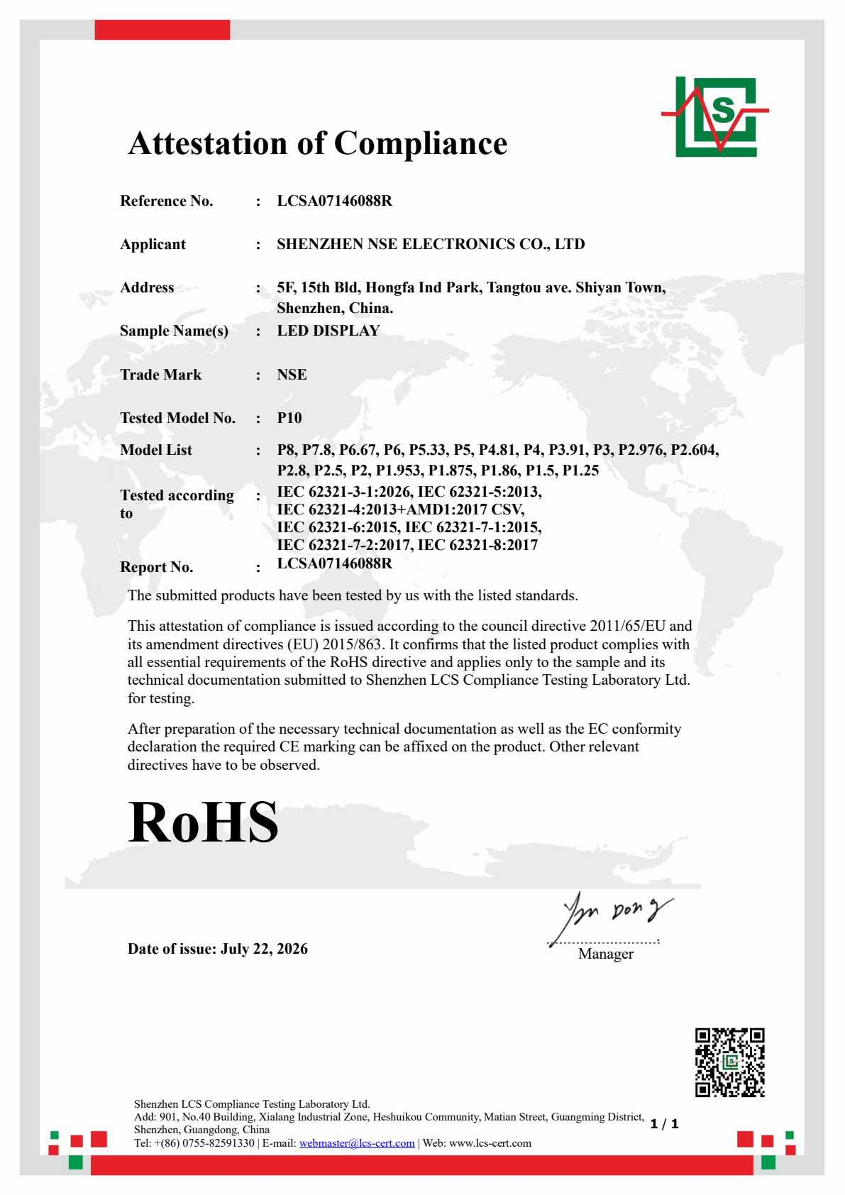RoHS Attestation of Compliance No. LCSA07146088R for NSE LED display, issued by Shenzhen LCS Compliance Testing Laboratory Ltd., July 2026