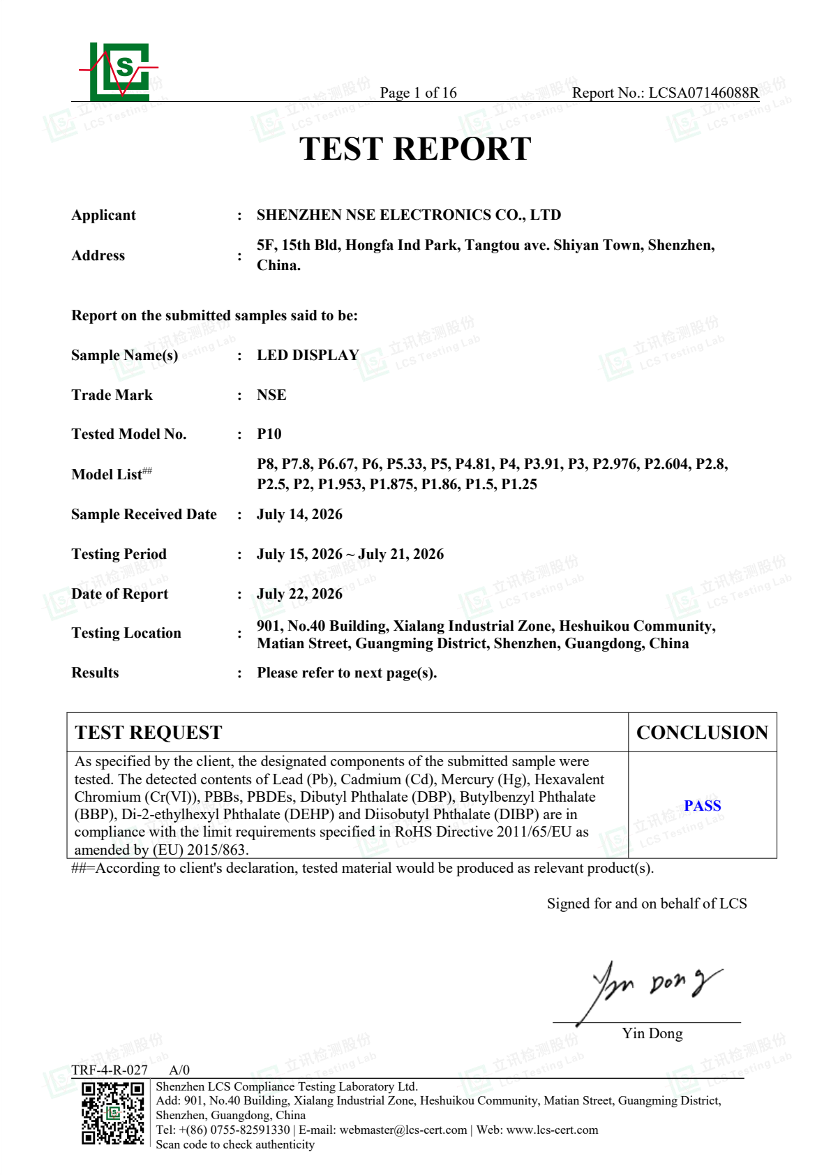 RoHS test report No. LCSA07146088R per IEC 62321 for NSE LED display, issued by Shenzhen LCS Compliance Testing Laboratory Ltd., July 2026