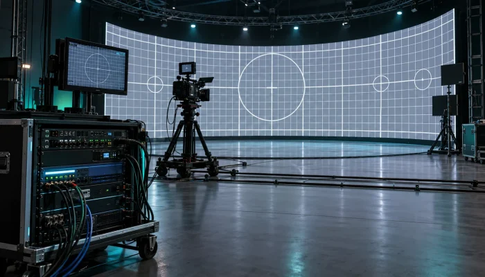 Virtual production LED wall undergoing camera and synchronization calibration in a studio
